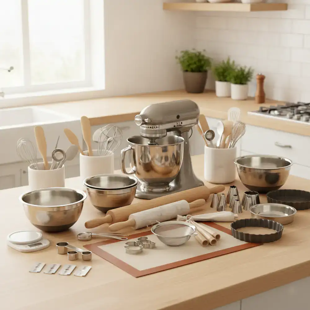 Professional baking tools and pastry ingredients beautifully arranged