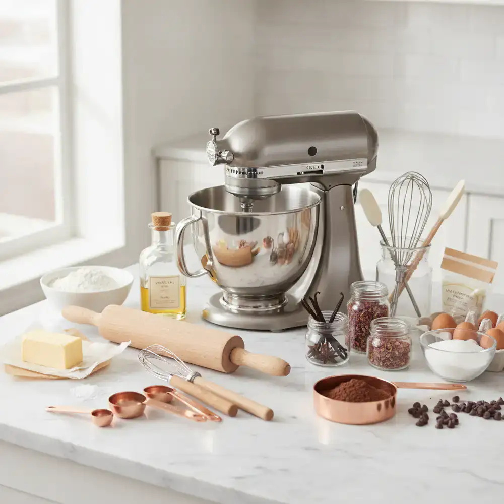 Collection of premium baking tools and ingredients on a marble surface