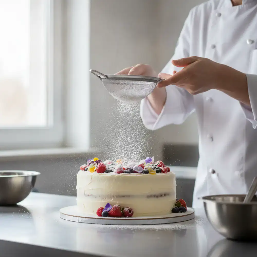 Professional pastry chef dusting icing sugar on a cake