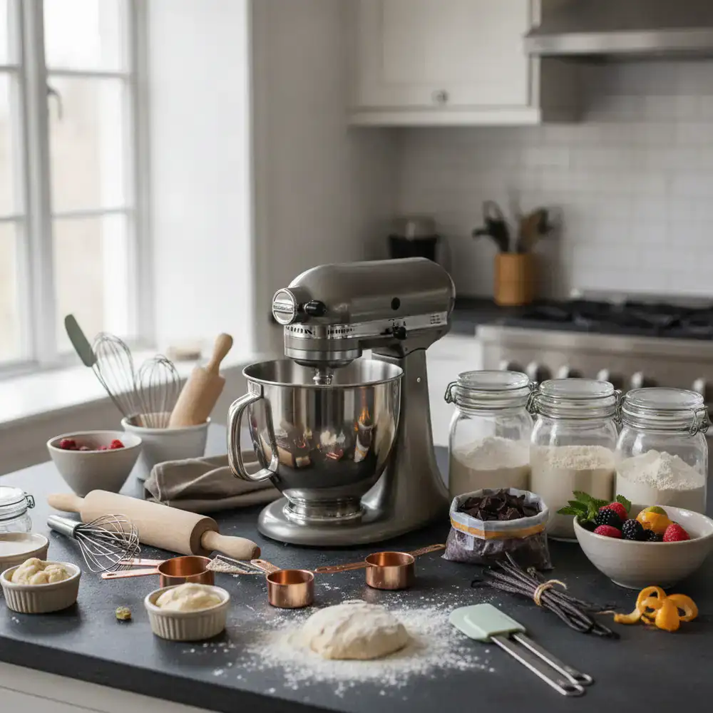 An organized array of premium baking tools and ingredients on a dark slate surface