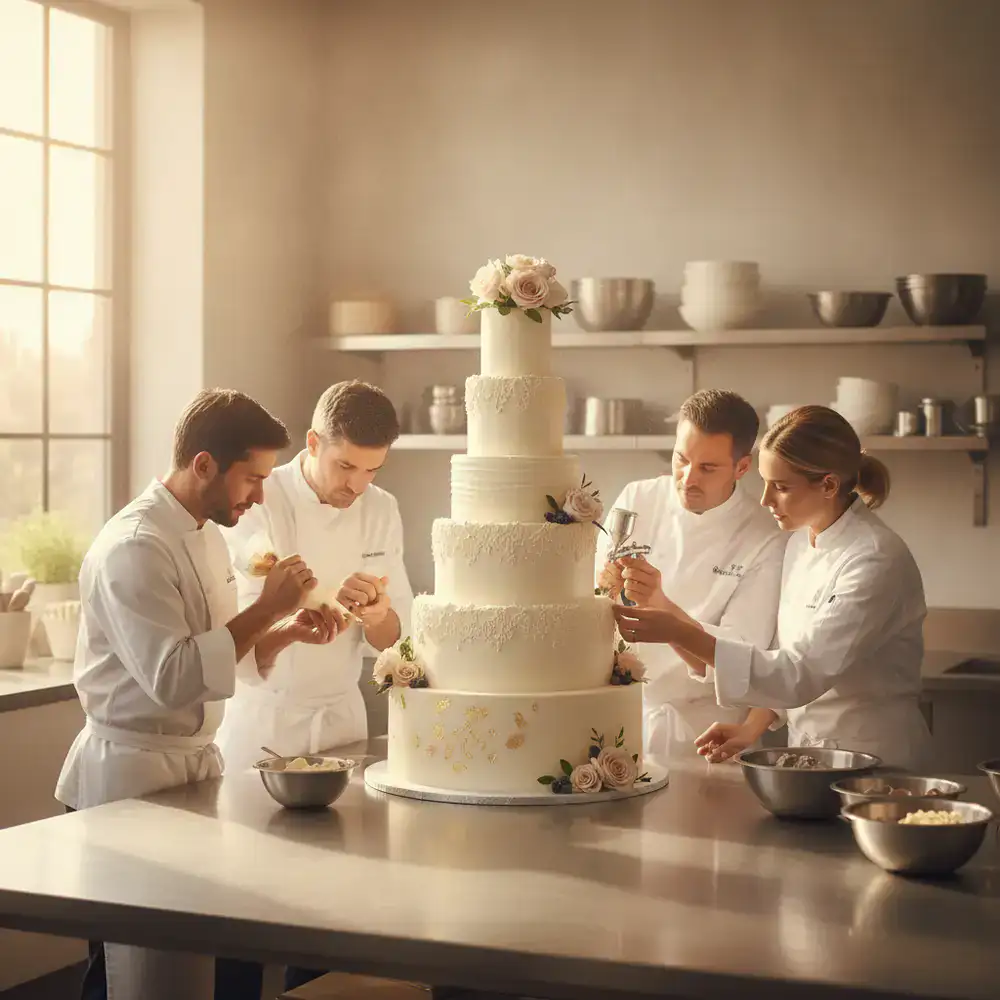 A group of bakers decorating a multi-tier cake together